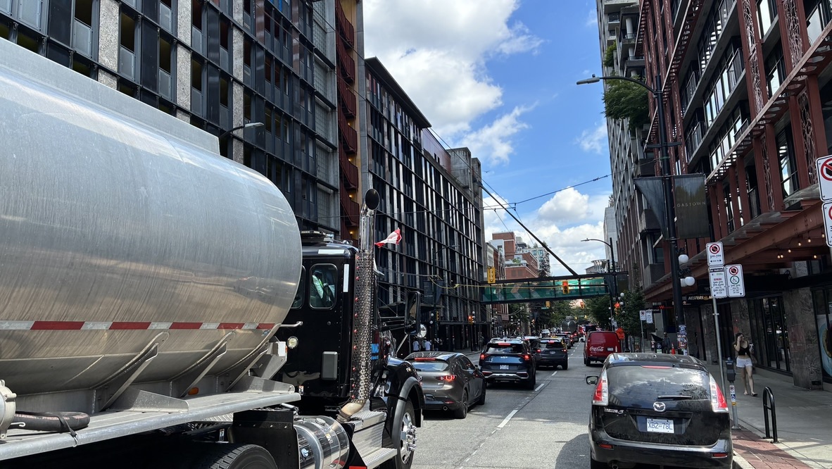 Traffic congestion on West Cordova Street during peak hours